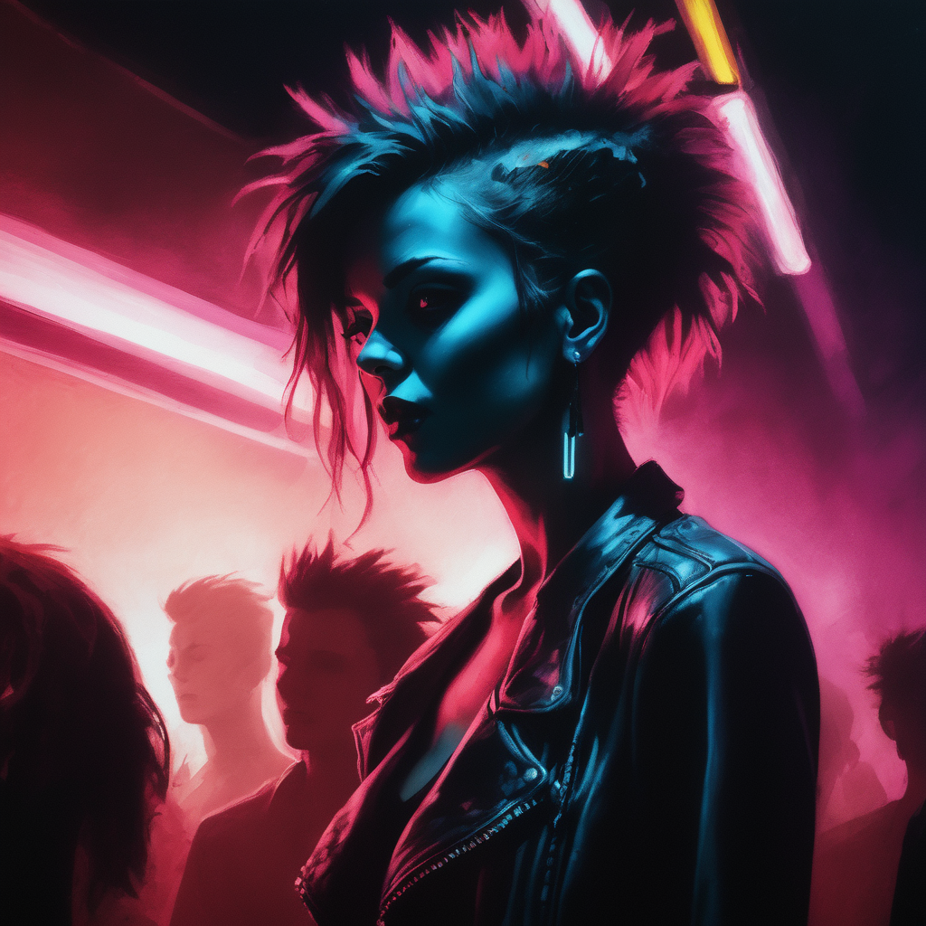 10829-2051685198-VtmArt, painting of a young woman with punk hair standing in a crowded nightclub next to the bar with neon lights, _lora_VtmArt_.png